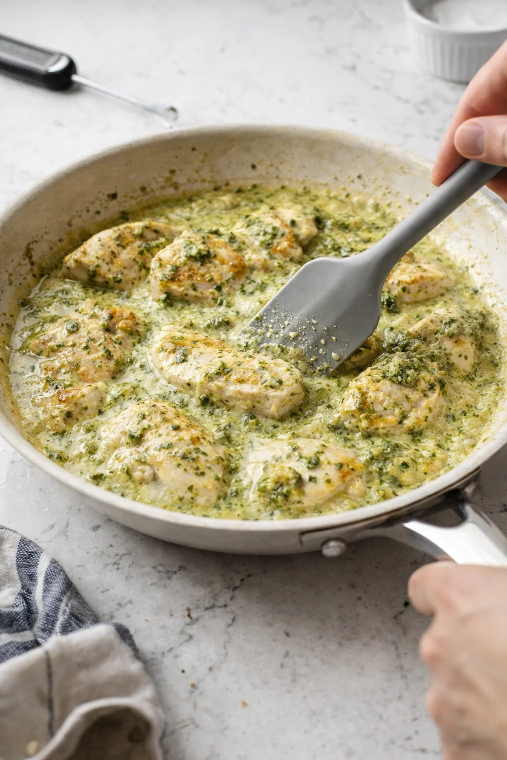 Boneless chicken pieces in creamy herb sauce simmer in a beige skillet