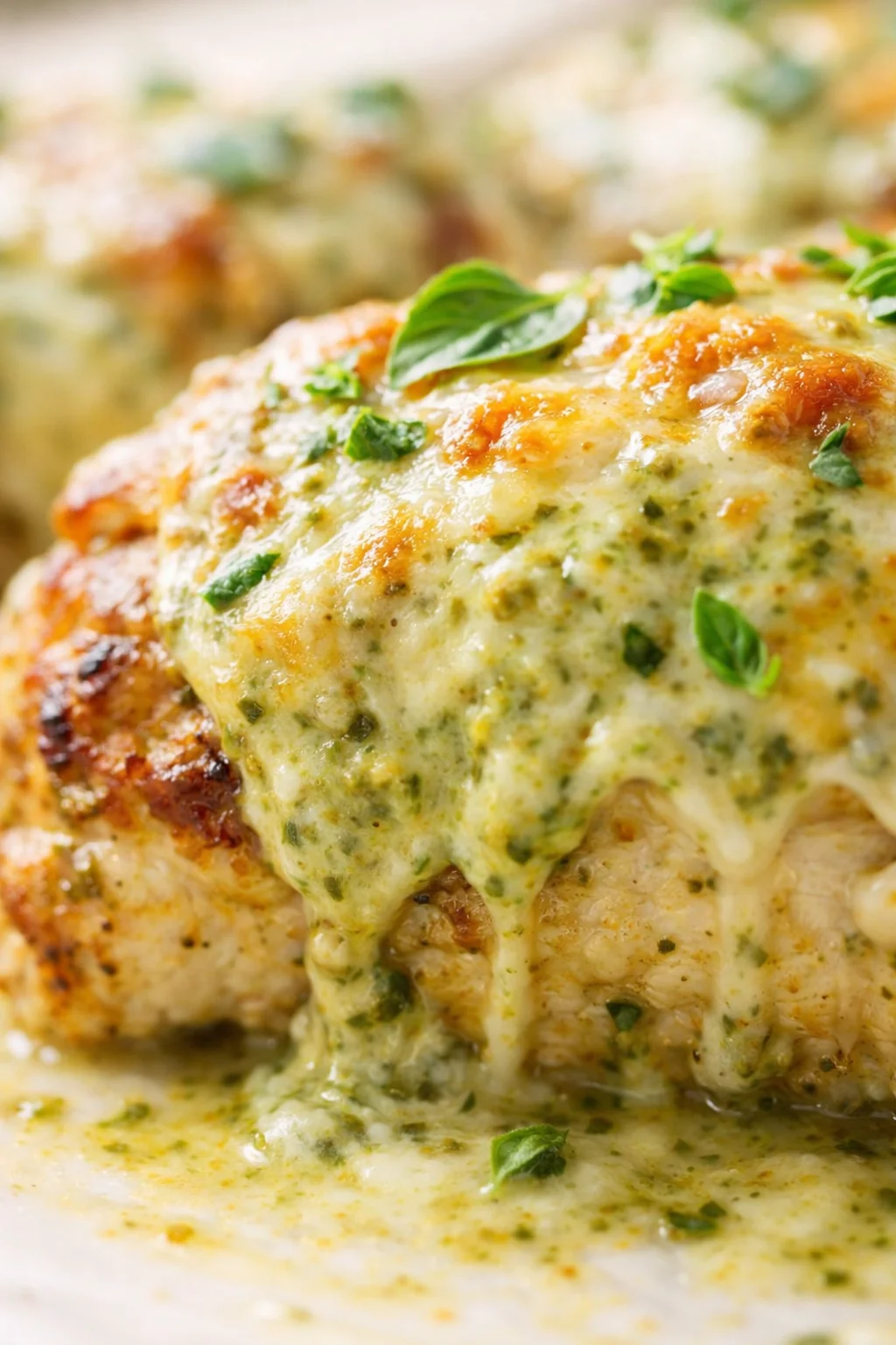Close-up of chicken topped with melted cheese and a green herb sauce, garnished with basil leaves.