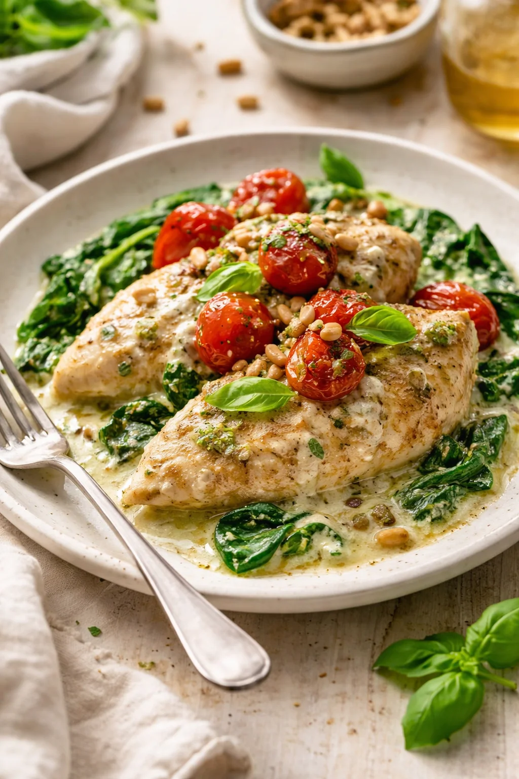 Plate of creamy herb chicken over wilted spinach with blistered tomatoes, basil, and pine nuts.