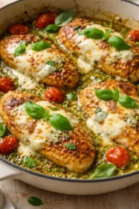 Golden-brown chicken breasts in a green herb sauce, melted cheese, cherry tomatoes, and fresh basil.