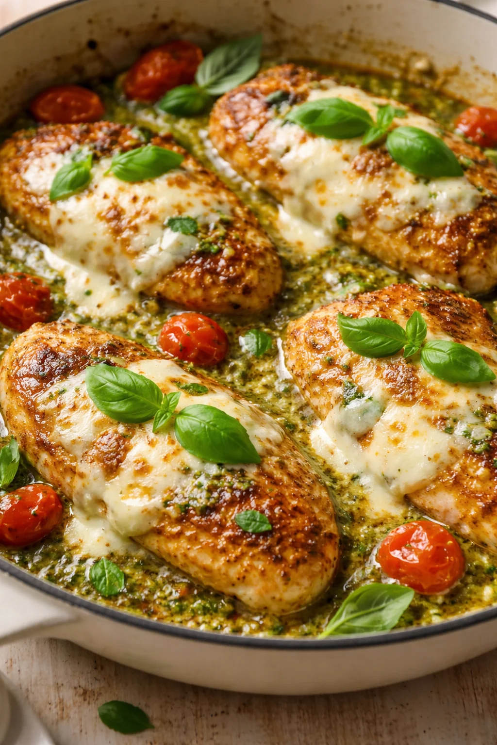 Golden-brown chicken breasts in a green herb sauce, melted cheese, cherry tomatoes, and fresh basil.