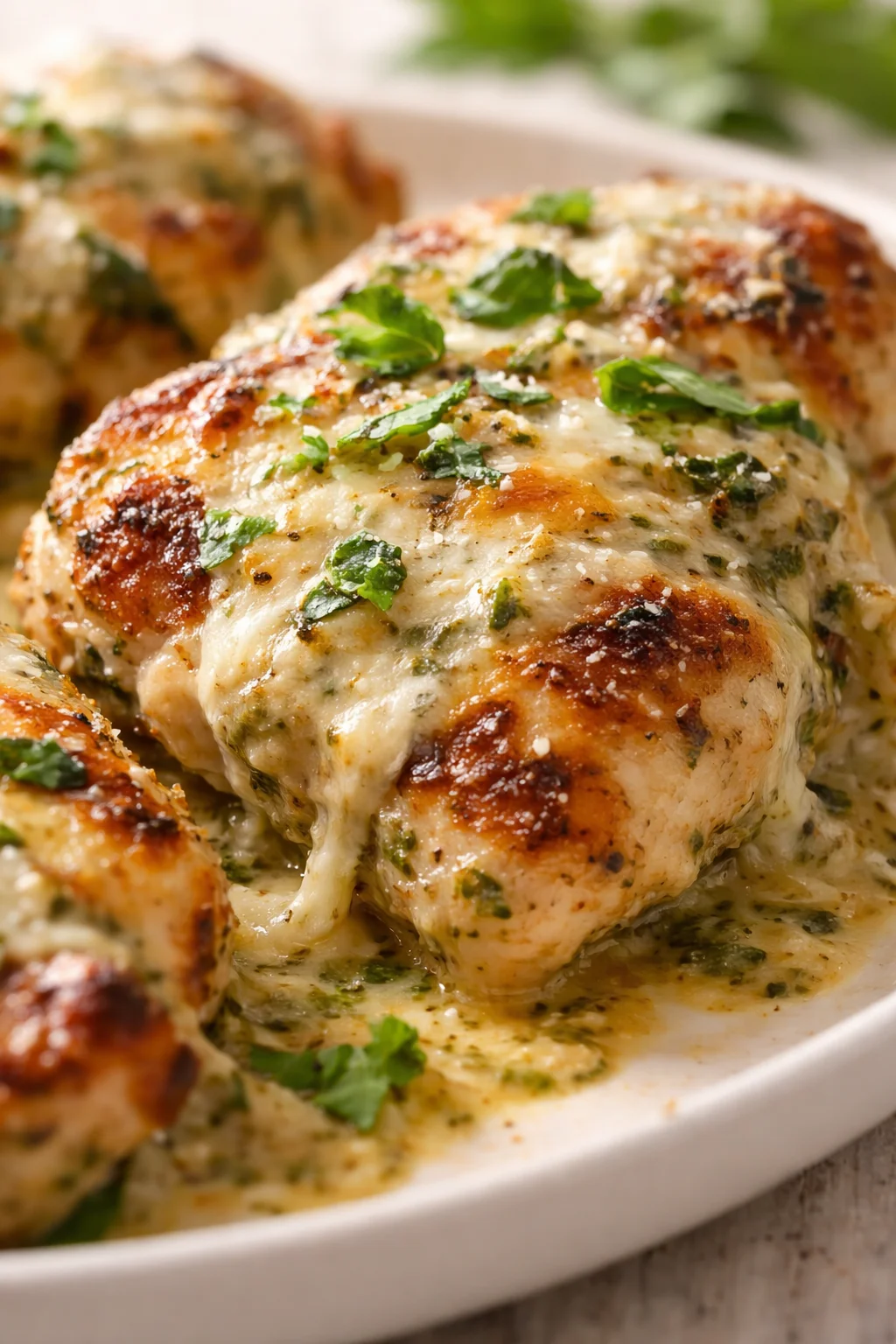 Close-up of golden-brown chicken pieces in a creamy herb sauce, garnished with parsley.