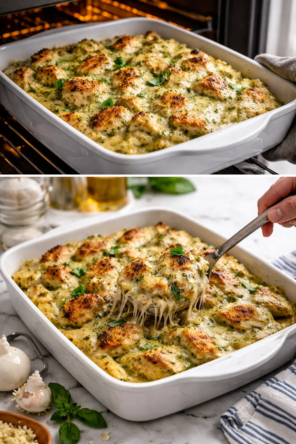 white baking dish with golden-brown cheesy herb meatballs in creamy sauce