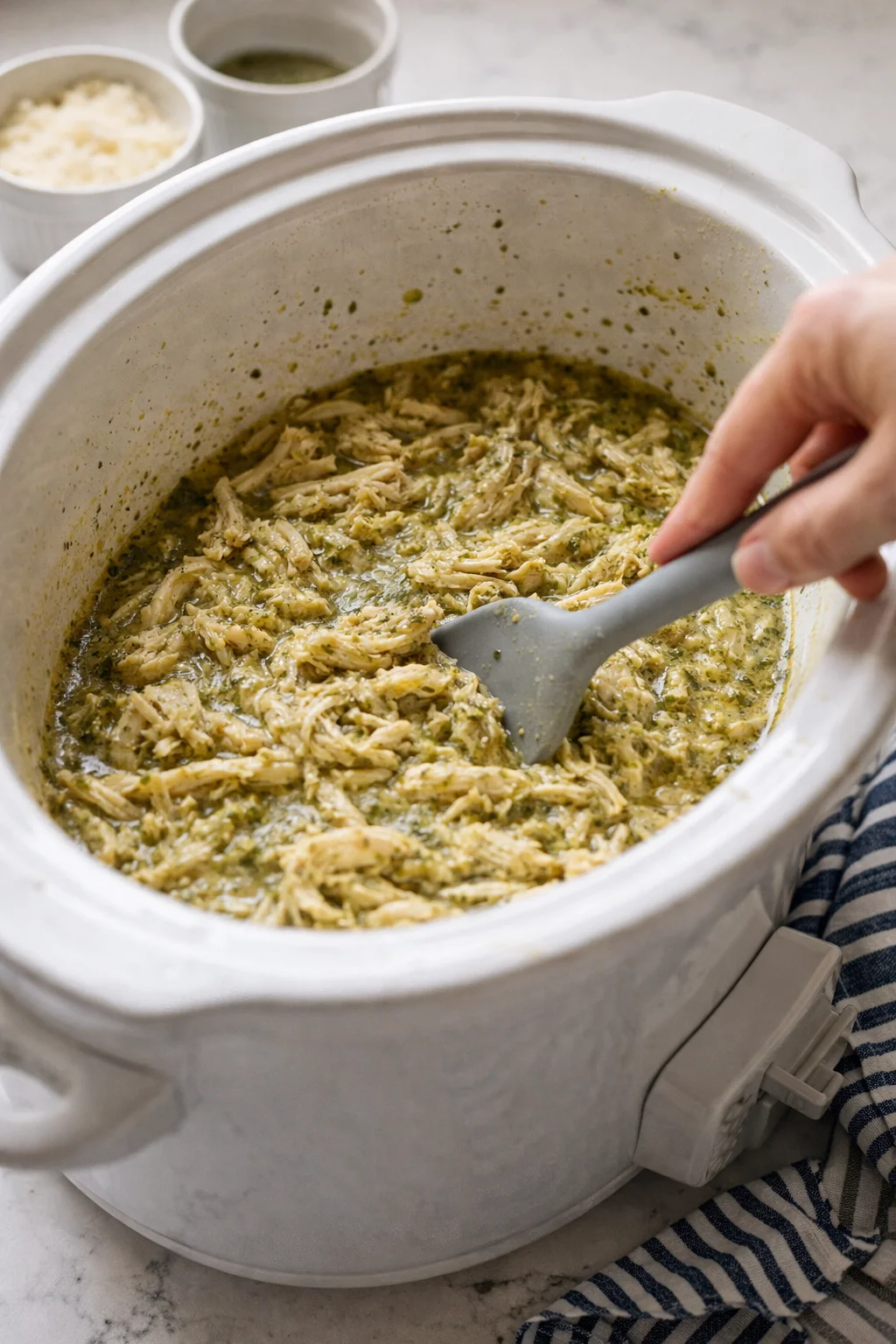 Hands stirring shredded chicken in a creamy herb sauce inside a white slow cooker.