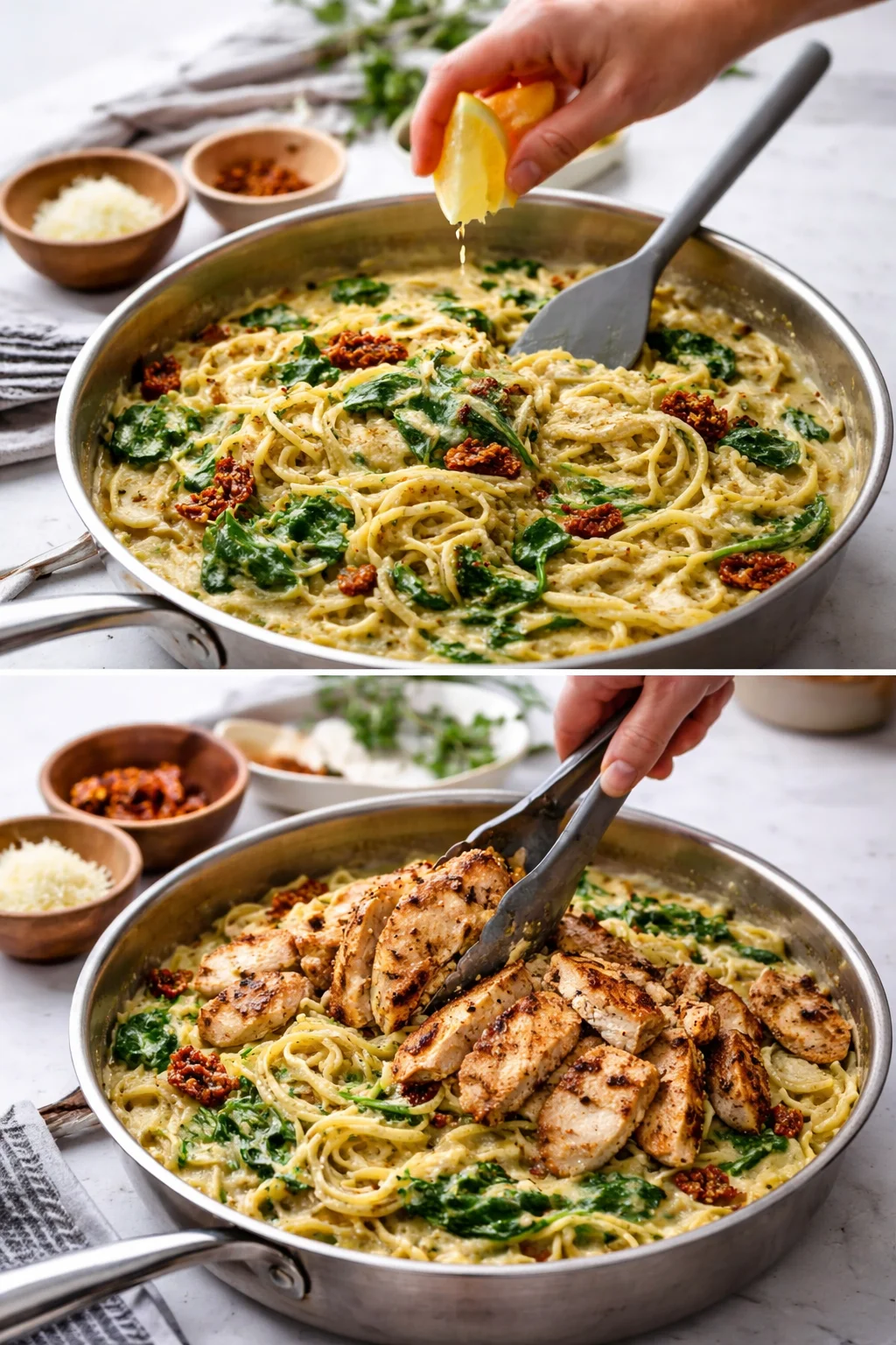 Two-panel skillet scene on marble counter: creamy pasta with greens; lemon squeeze, then chicken added.