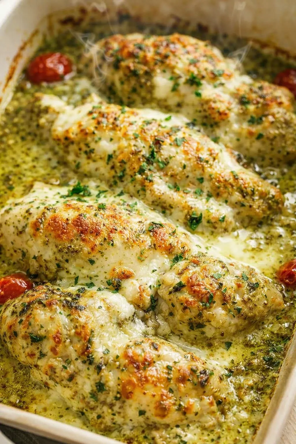 baked chicken pieces with a golden cheesy herb crust in garlic-parsley butter sauce, in a baking dish.