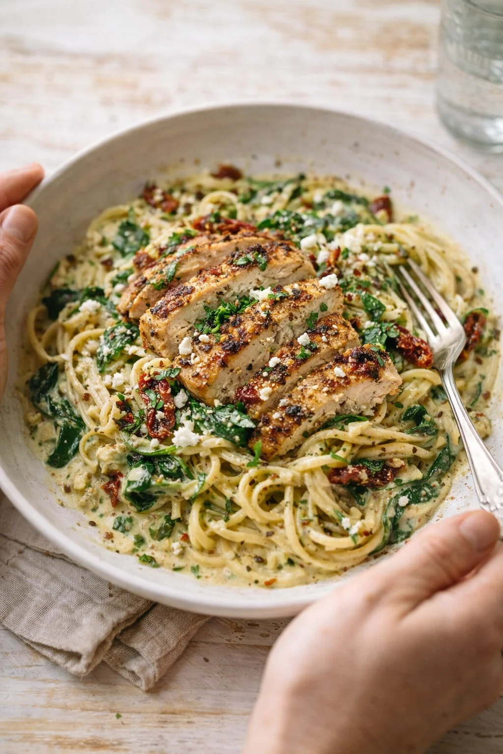 Creamy pasta with spinach, sun-dried tomatoes, and herb-crusted chicken on top.