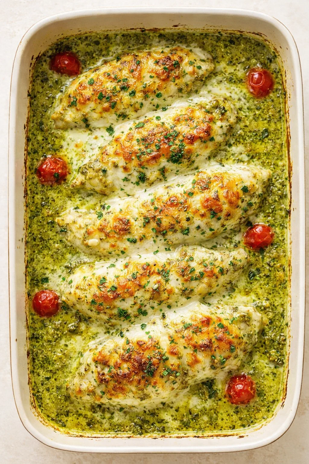 baked chicken breasts in creamy pesto sauce with melted cheese in a white dish