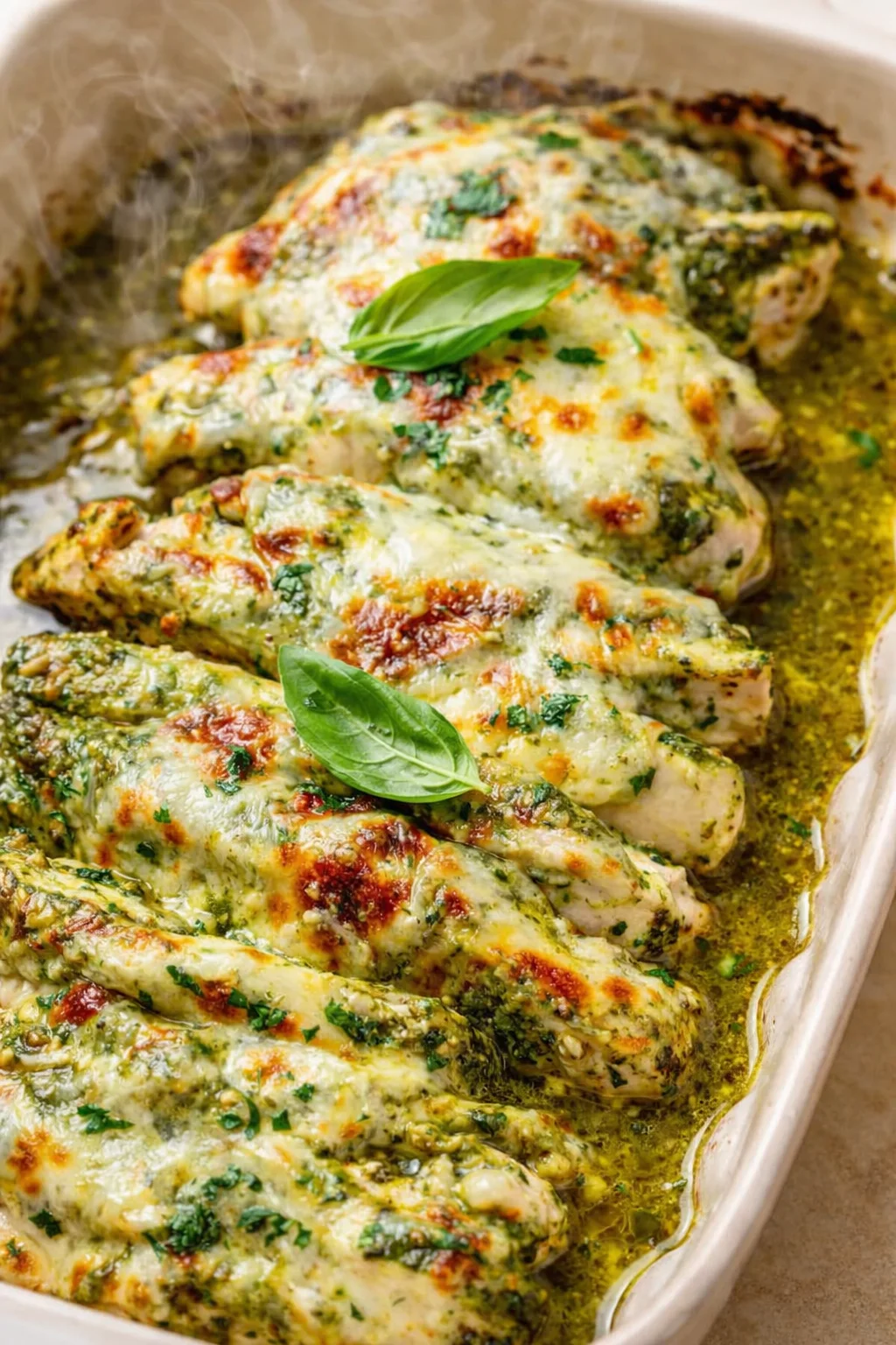 Oven-baked chicken pieces covered in melted cheese and herb pesto, garnished with basil in a white baking dish.