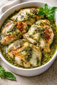 baked chicken pieces with pesto and melted cheese in a white oval dish, garnished with basil