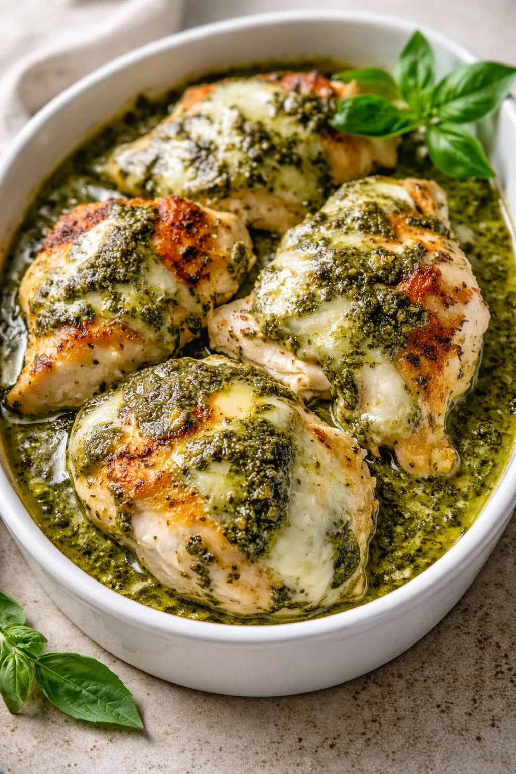 baked chicken pieces with pesto and melted cheese in a white oval dish, garnished with basil