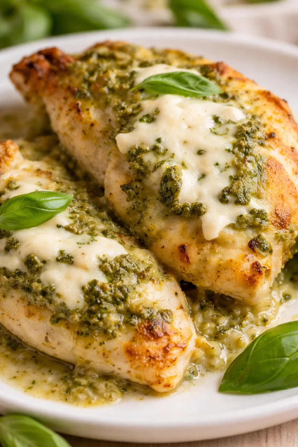 Golden-browned chicken breasts topped with melted cheese and green pesto, garnished with basil on a white plate.