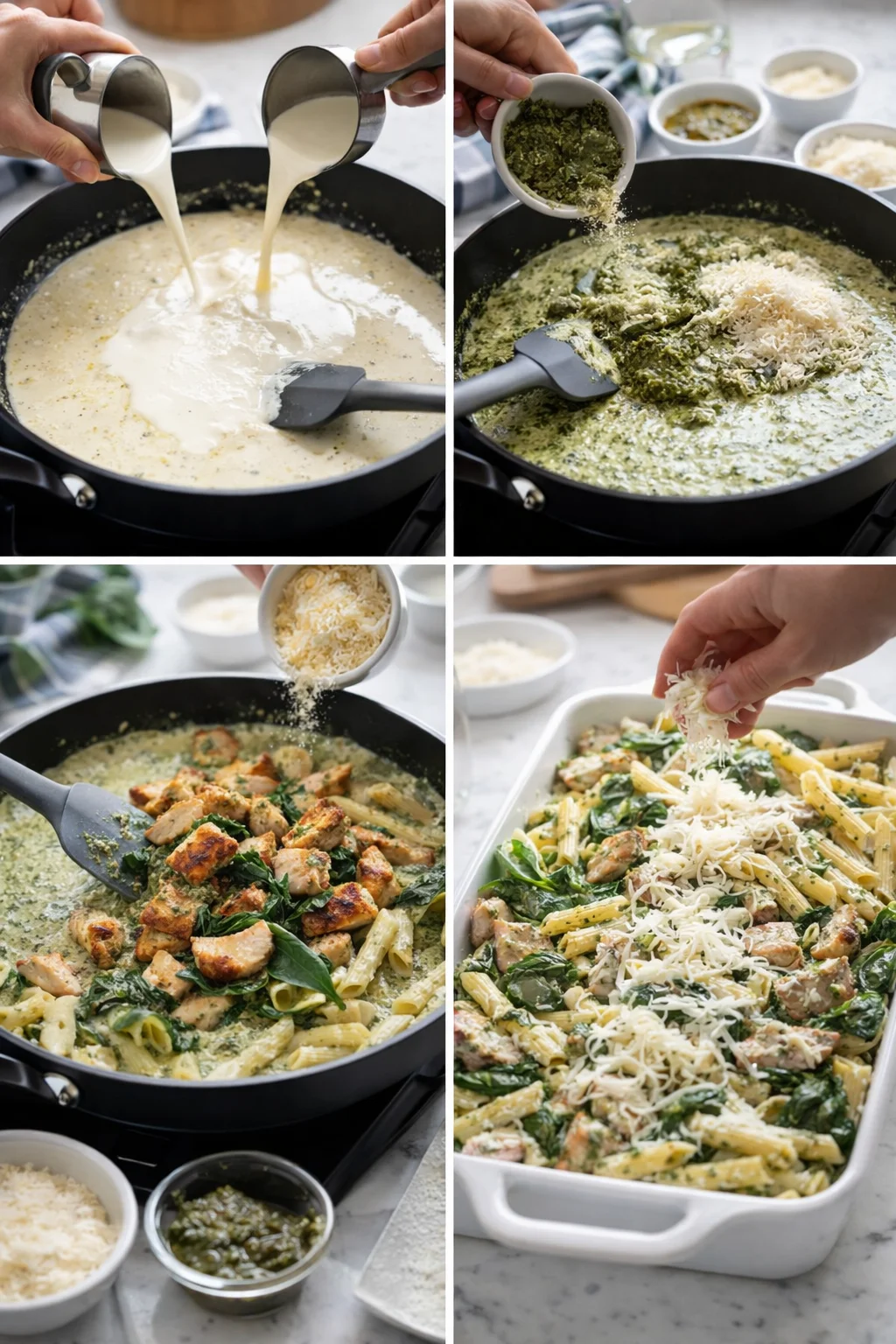 collage depicting creamy pesto chicken pasta: pouring cream, adding pesto, cooking chicken, finished dish