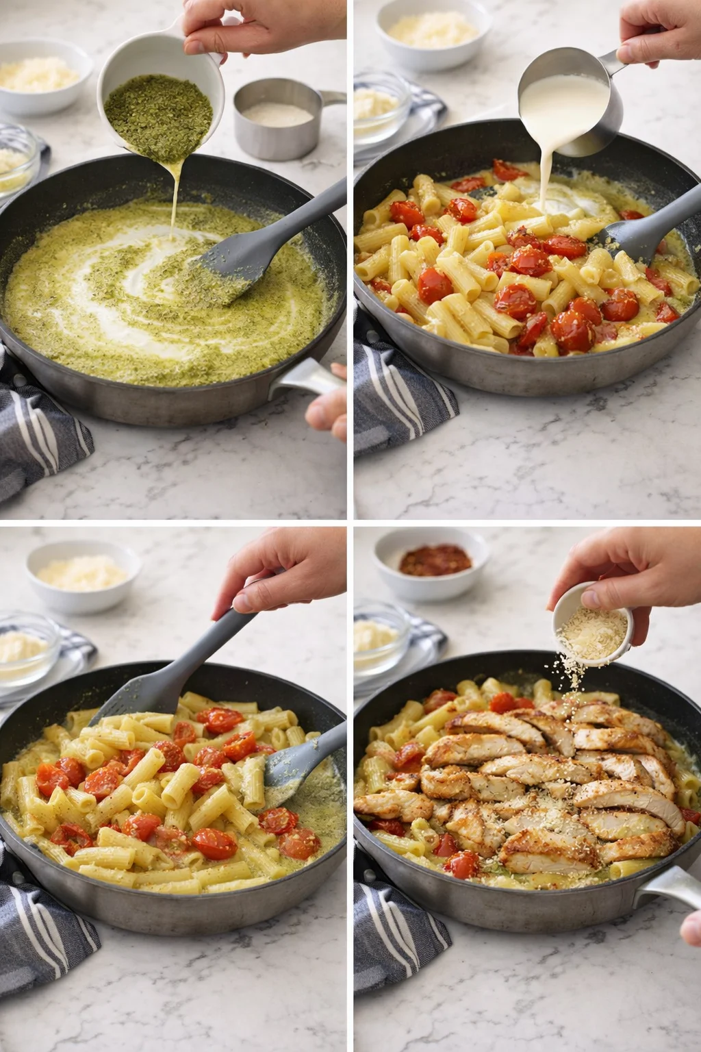 Collage showing steps to make creamy pesto pasta with cherry tomatoes and sliced chicken.
