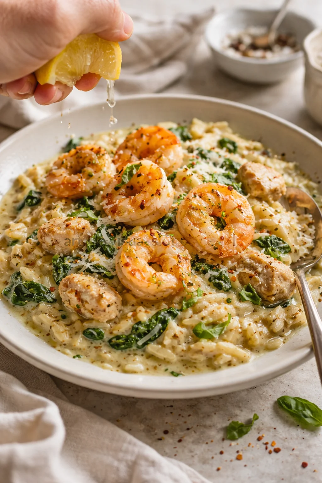 Creamy shrimp risotto in a white bowl, shrimp and greens, lemon being squeezed by hand