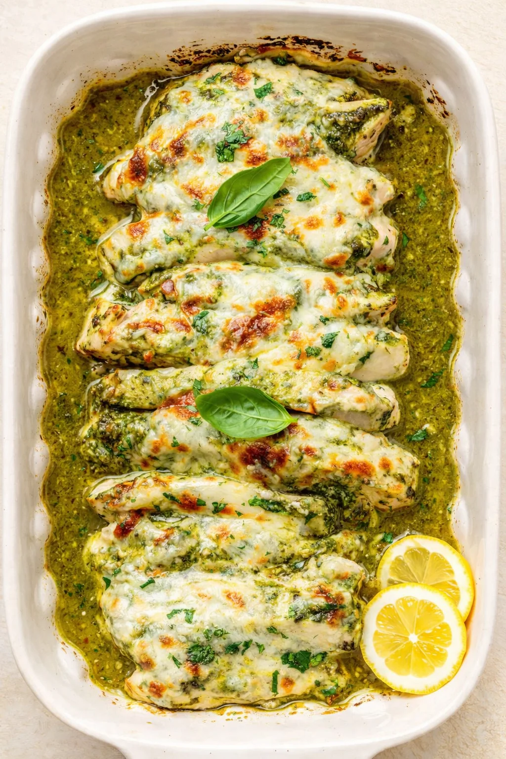 baked-cheesy-spinach-stuffed-chicken topped with herbs, served in green sauce with lemon wedges