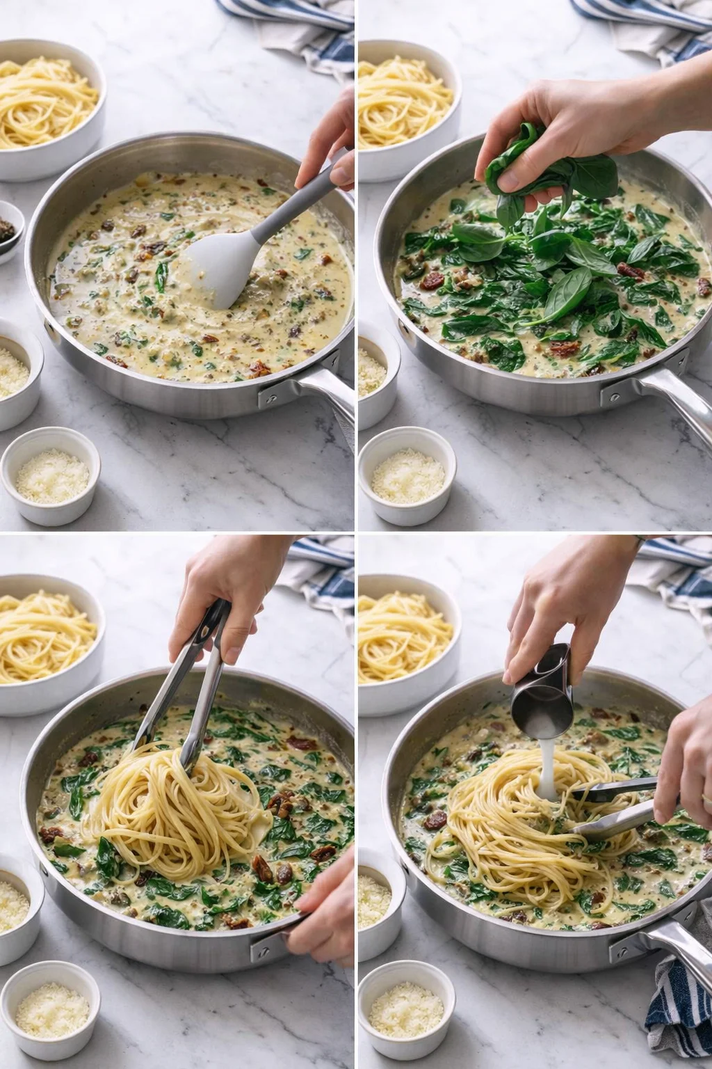 Four-panel collage showing creamy spinach and sun-dried tomato pasta being prepared in a stainless skillet on a marble countertop.