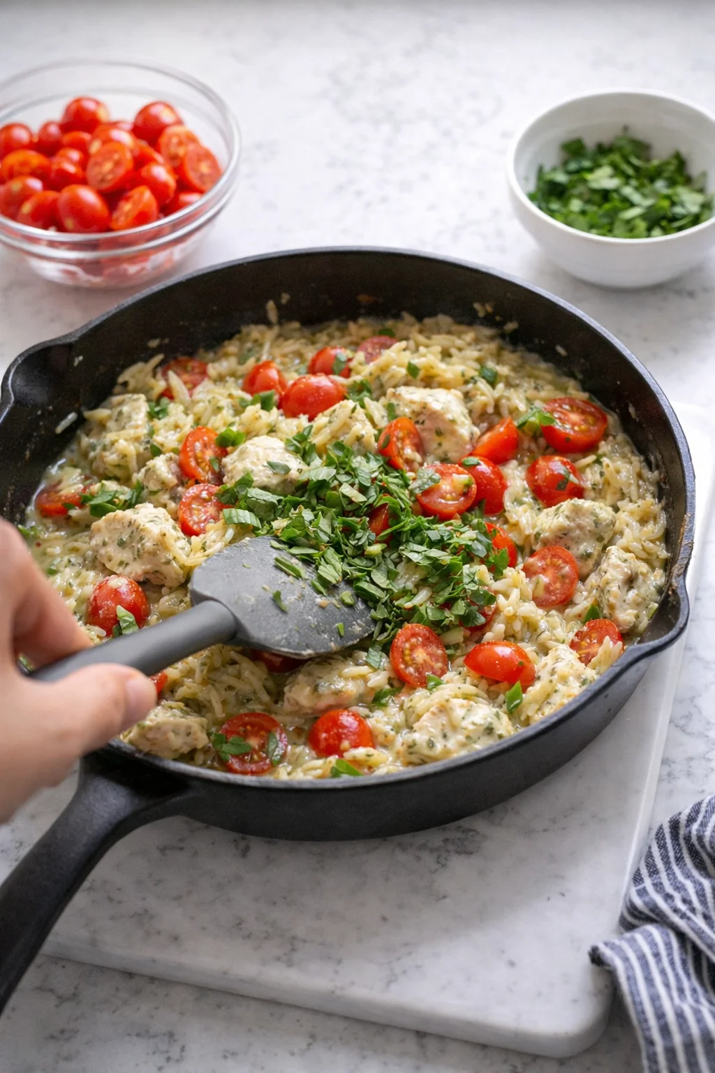 Cast-iron skillet with creamy tomato chicken rice and meatballs, garnished with parsley and cherry tomatoes.