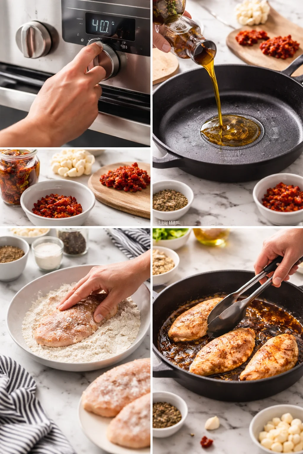 collage shows step-by-step chicken-prep: oven dial, oil poured, flour-dredged chicken, and skillet cooking
