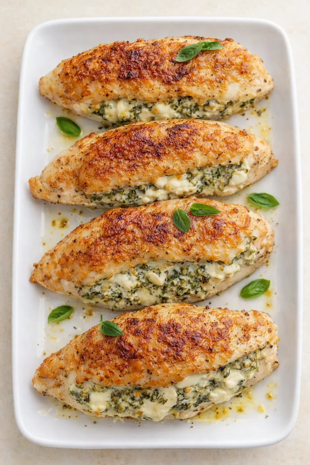 Four golden-brown stuffed chicken breasts in a white dish with spinach-cheese filling and basil garnish