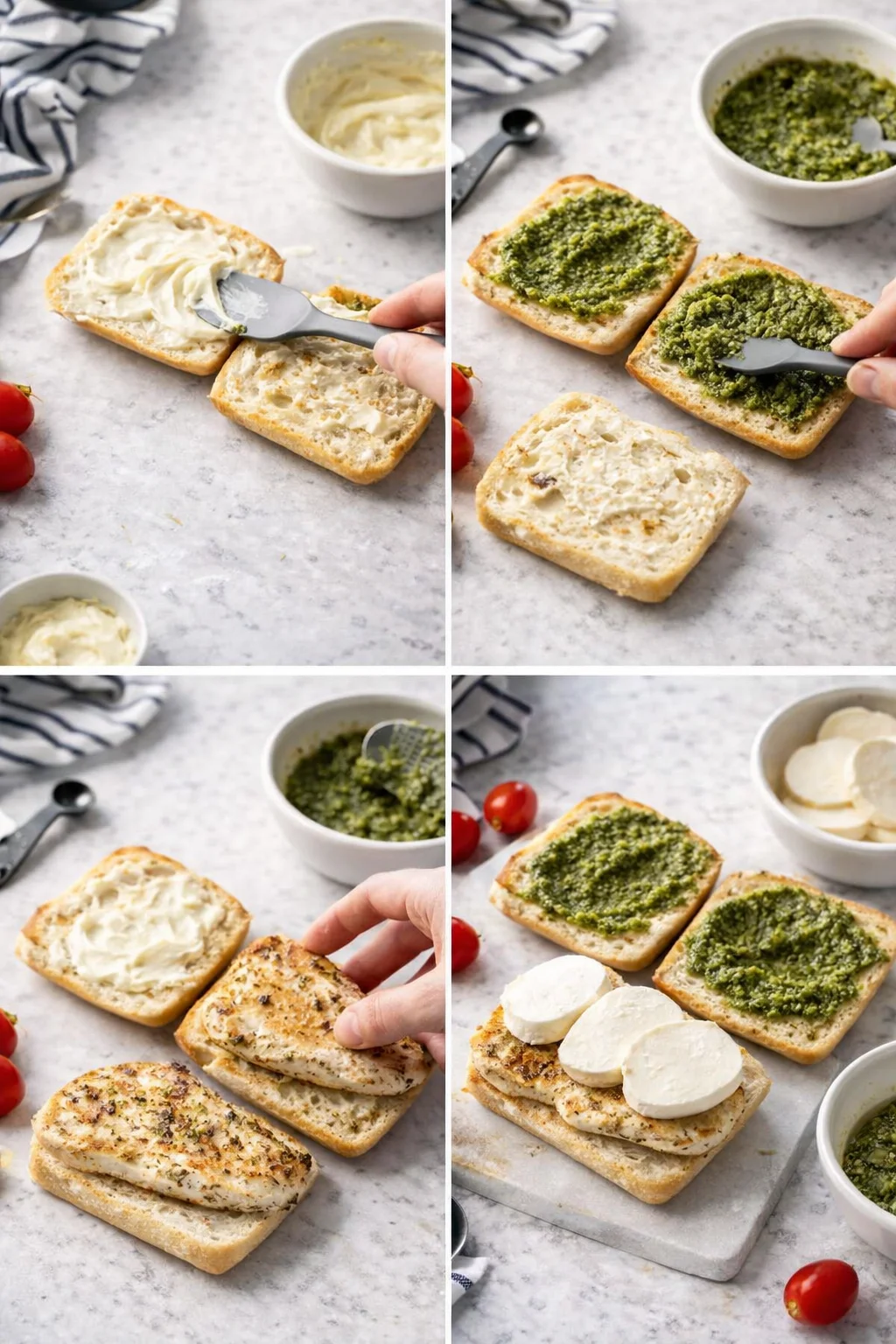 collage of crostini being assembled: cream cheese spread, pesto coated, then mozzarella-topped slices on a marble surface