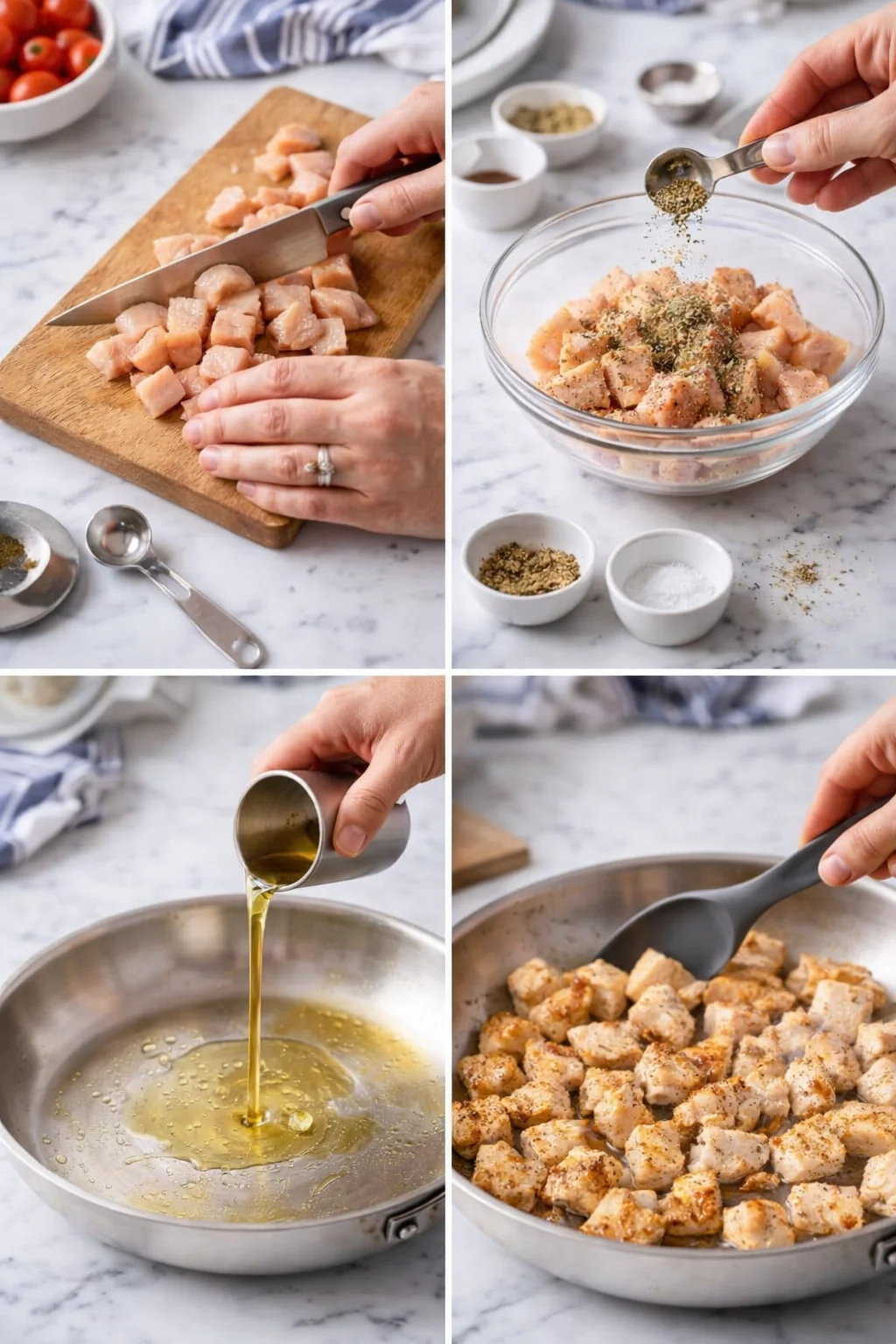 collage of cubed chicken being chopped, seasoned, oiled, and sautéed in a skillet