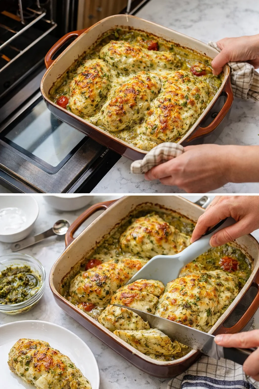 Golden-brown chicken in a herb-garlic sauce baked in a ceramic dish