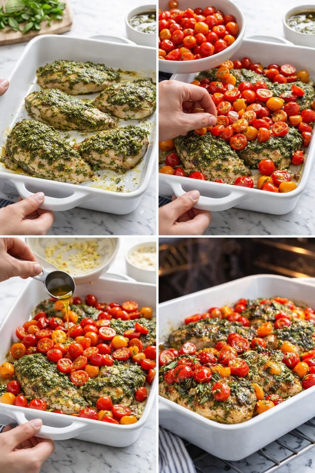 Four-panel collage of herb-coated chicken with cherry tomatoes in a white baking dish.