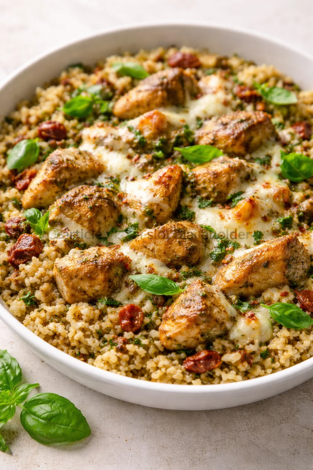 Golden-brown chicken over herbed couscous with sun-dried tomatoes and basil in a white bowl