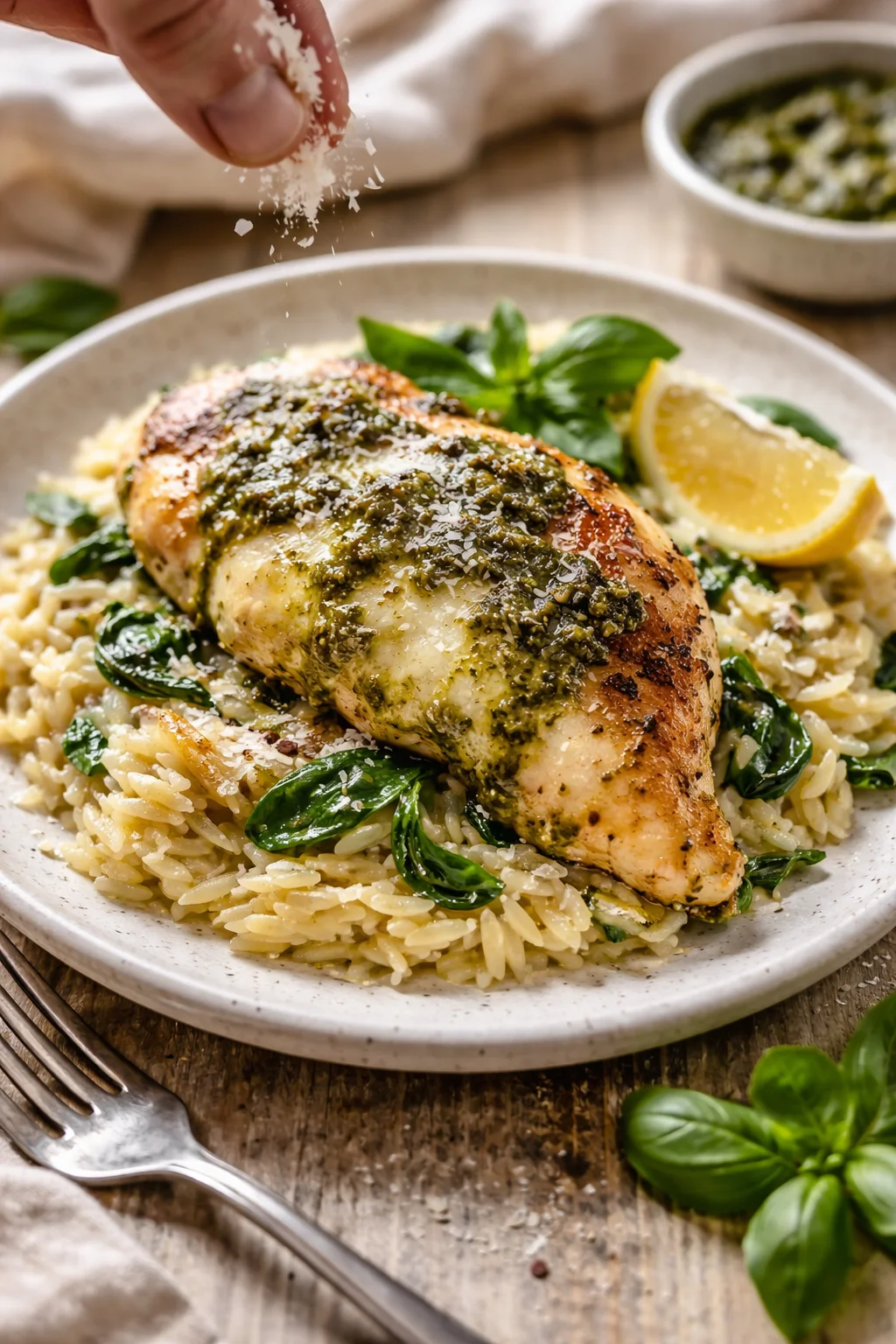 roasted chicken leg on orzo with spinach, topped with herb crust and parmesan, lemon wedge on plate