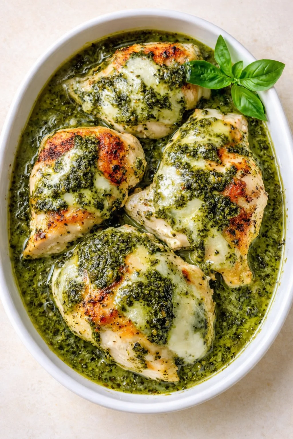 browned herb-crusted chicken pieces simmered in green pesto sauce with basil garnish in a white dish
