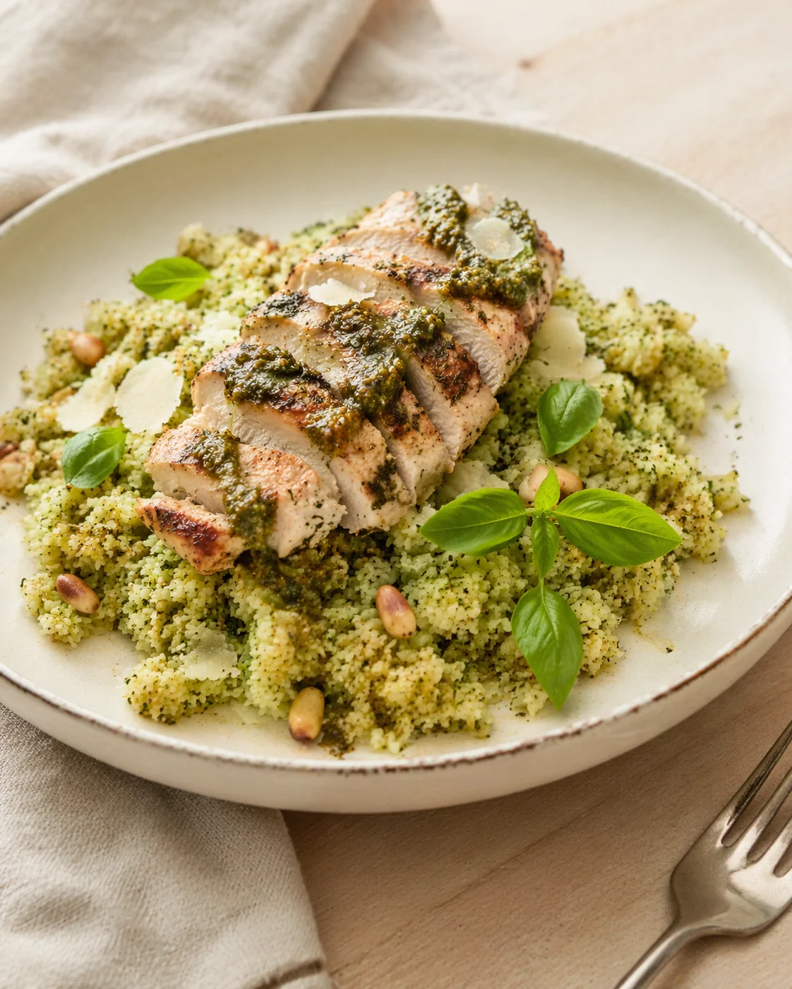 sliced grilled chicken with green pesto over fluffy couscous, garnished with basil and pine nuts