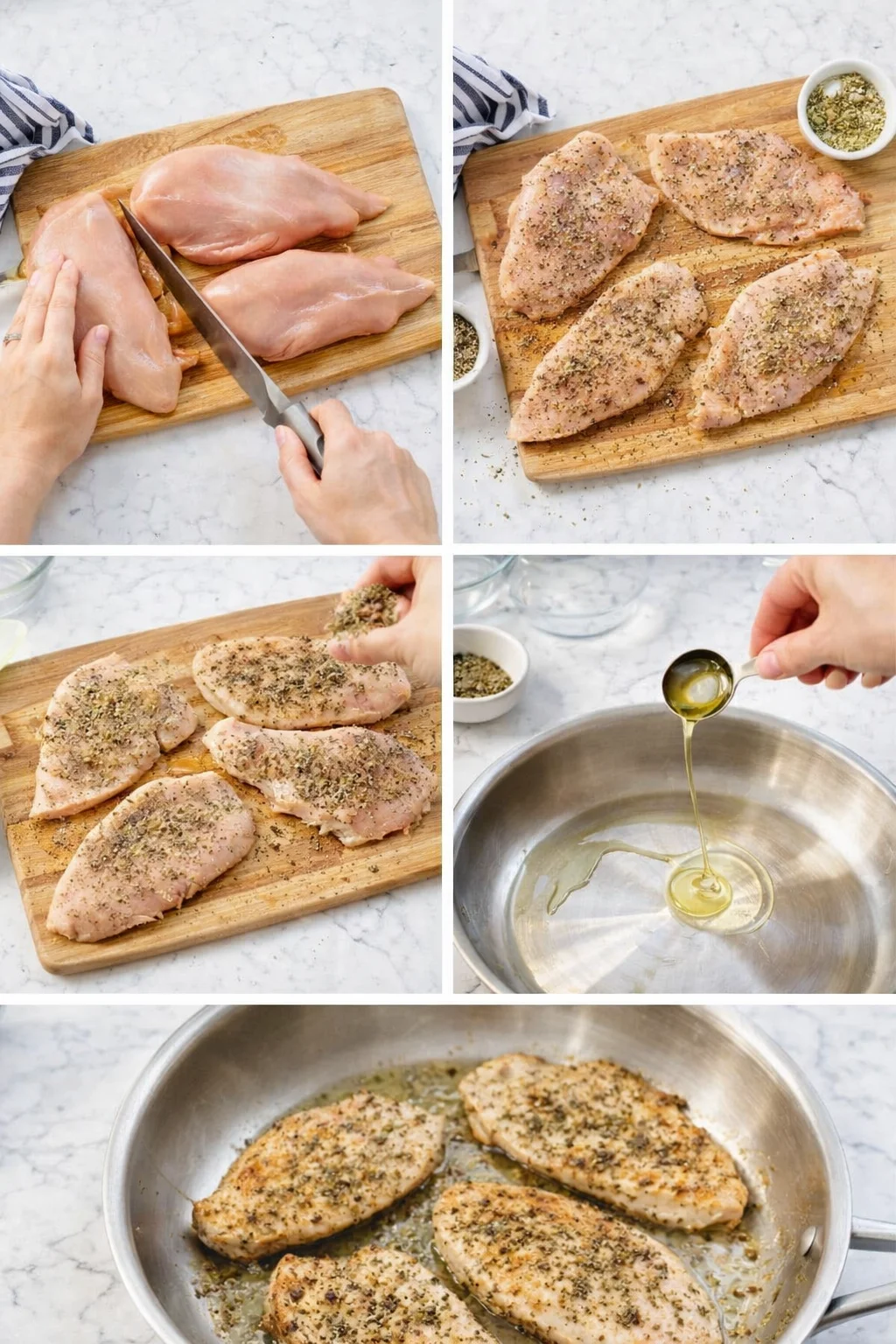 collage of raw chicken breasts on a cutting board, being sliced, seasoned, and cooked in a skillet