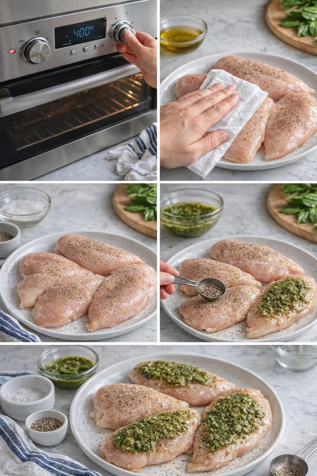 collage showing raw chicken breasts being patted dry, seasoned, and topped with herb pesto
