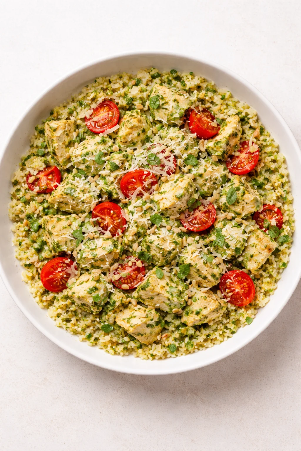 white bowl of herb-chicken over couscous with cherry tomatoes, pine nuts, and grated cheese