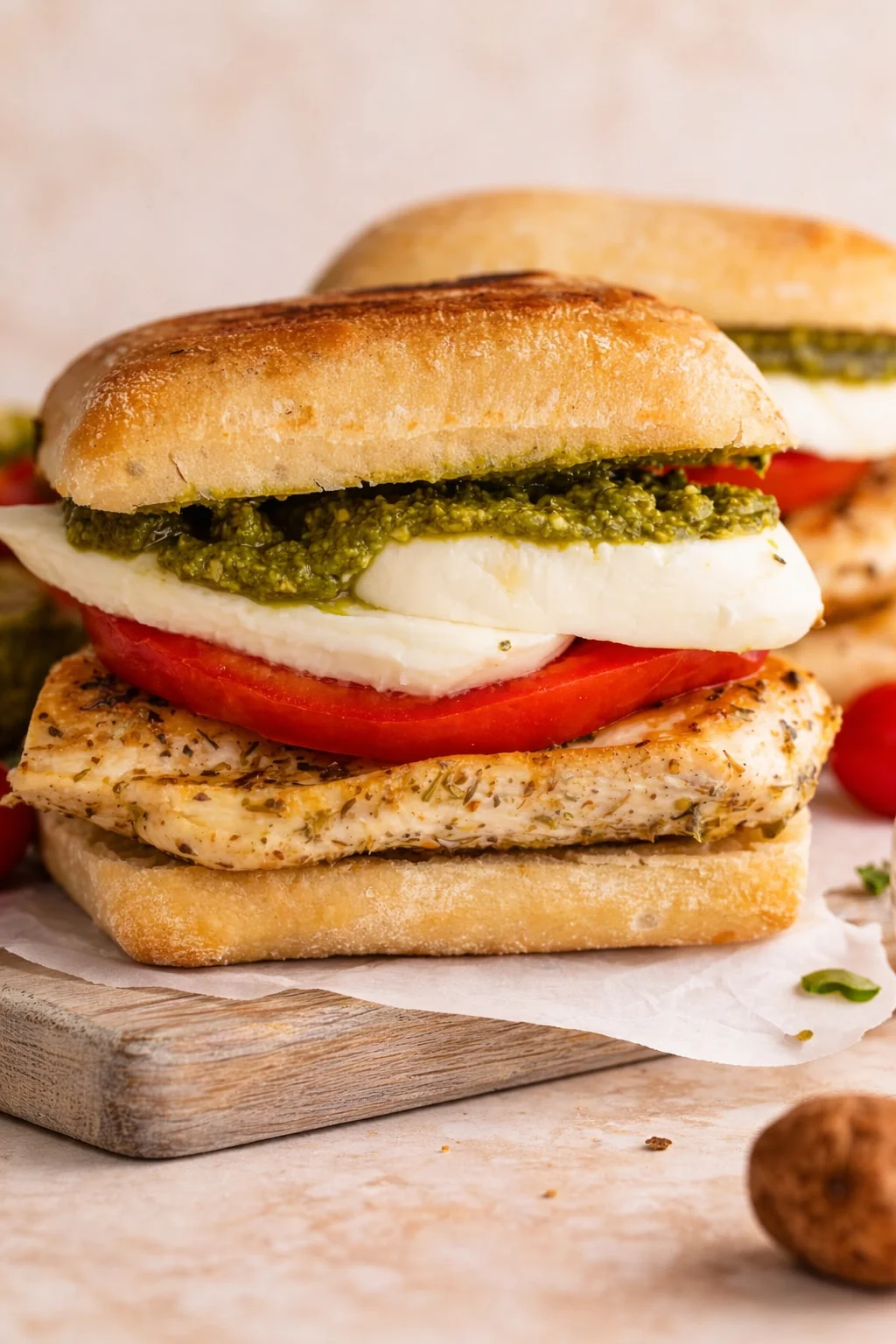 Close-up of a toasted chicken sandwich with tomato, mozzarella, and pesto on a rustic board