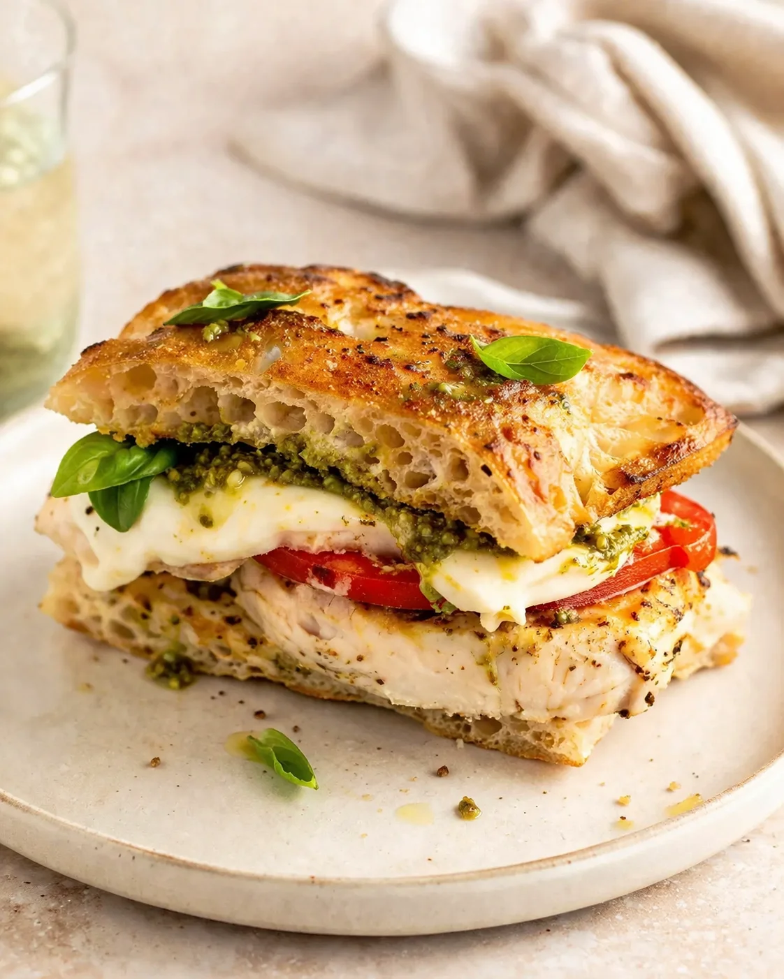 Cross-section of a grilled chicken pesto sandwich with mozzarella, tomato, and basil on crusty bread.