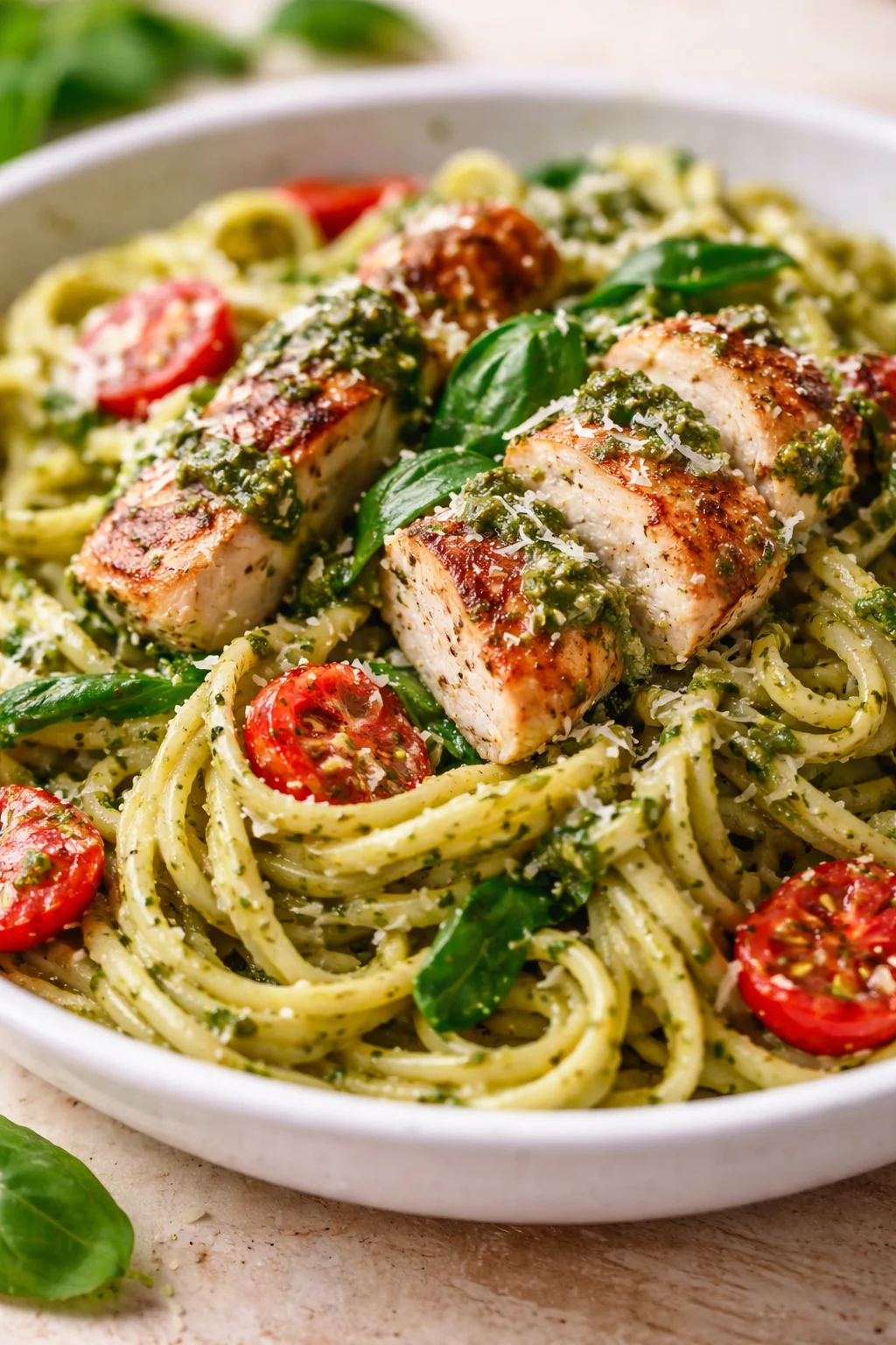 Creamy pesto pasta with herb-crusted chicken, cherry tomatoes, and basil