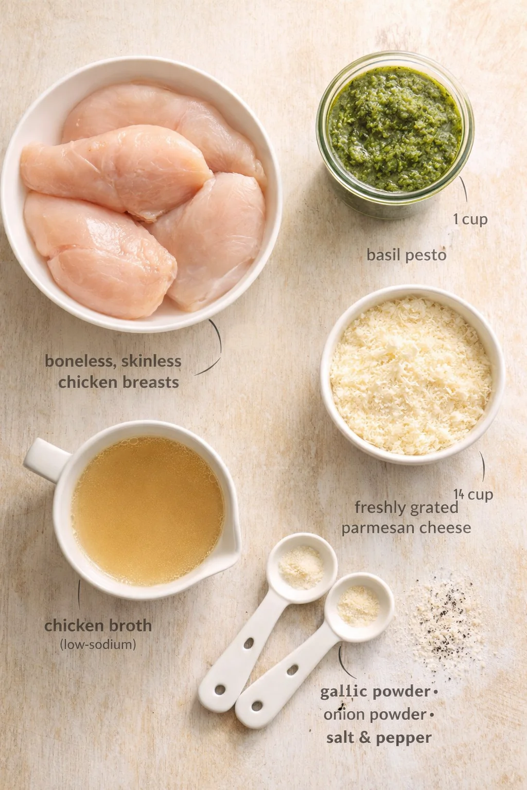 Overhead shot of raw chicken breasts, basil pesto, parmesan cheese, chicken broth, and measuring spoons on a light wooden surface.