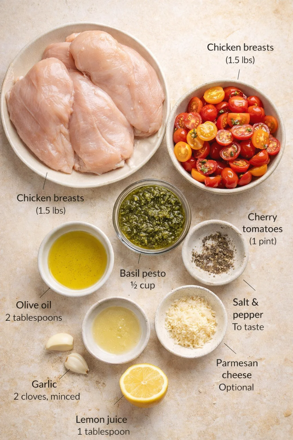 Overhead view of raw chicken breasts with cherry tomatoes, pesto, garlic, lemon, and olive oil.