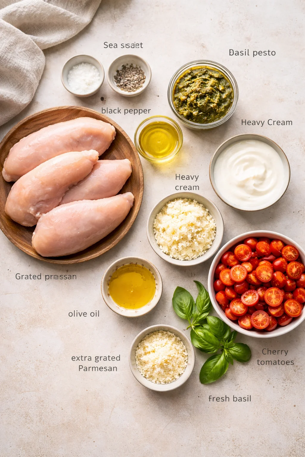 Top-down flat lay of raw chicken with bowls of pesto, cream, tomatoes, and basil.
