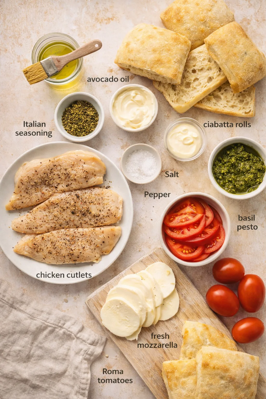 Top-down view of chicken cutlets with seasonings, mozzarella, tomatoes, pesto, bread, and olive oil on a rustic surface.