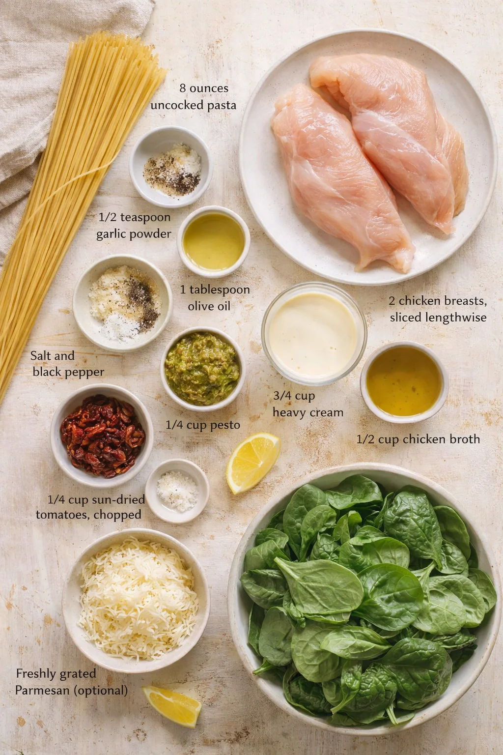 Overhead shot of raw chicken, pasta, greens, and seasonings arranged on a light countertop with labeled quantities.