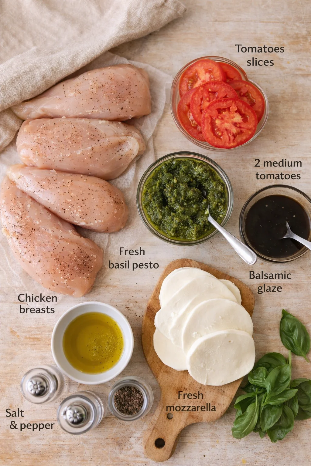 Raw chicken breasts with tomatoes, pesto, mozzarella, olive oil, and balsamic glaze on a rustic wooden surface.