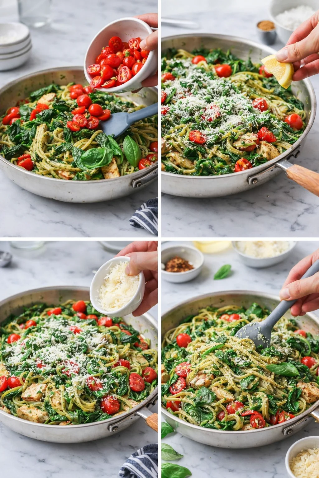 Collage showing cherry tomatoes and greens being stirred into pasta in a skillet