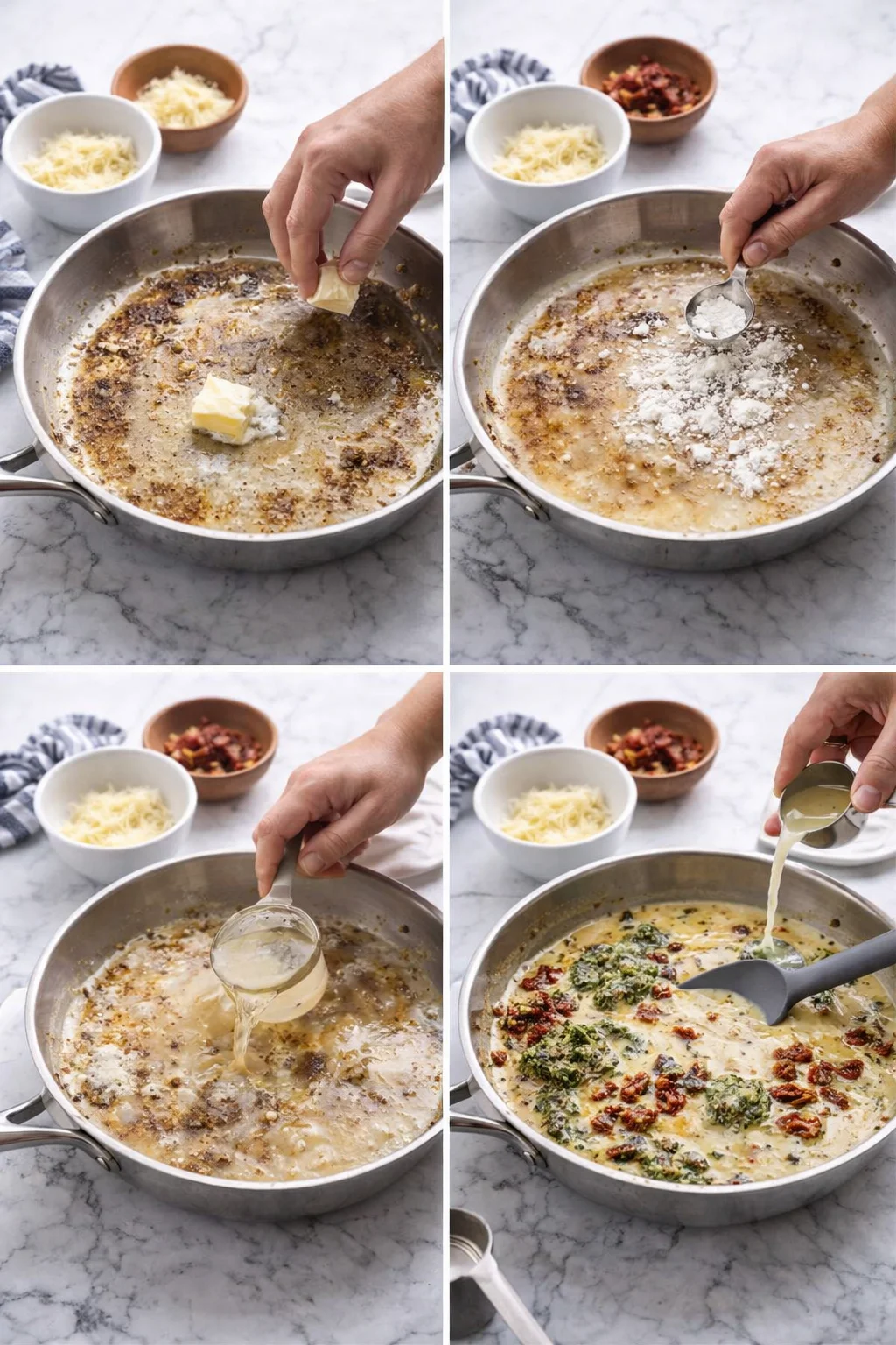 four-panel collage of hands adding butter, flour, salt, cream, and garnish to a skillet on a marble countertop