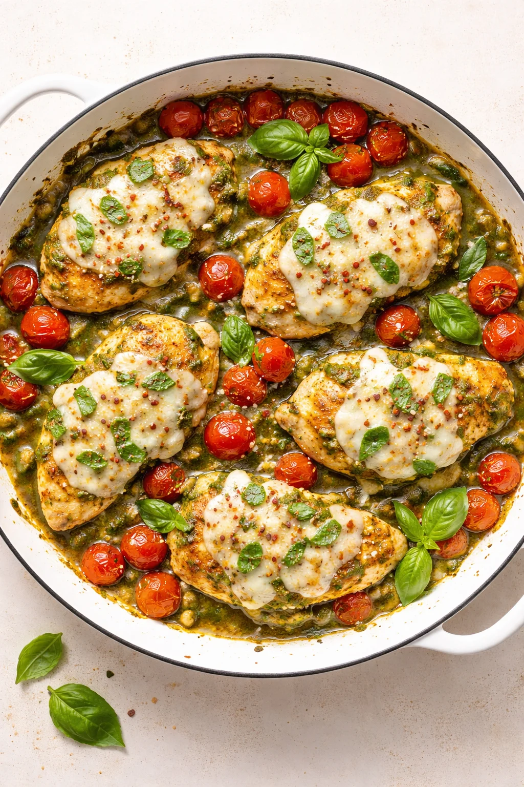 top-down view of a white enameled skillet with chicken, melted cheese, pesto, cherry tomatoes, and fresh basil
