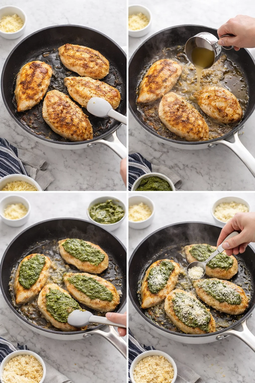 Collage showing seared chicken breasts in a skillet, then sauce added, pesto topped, and grated cheese.