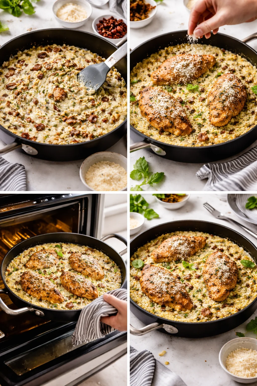 Collage of creamy chicken risotto in a skillet with chicken pieces and grated cheese