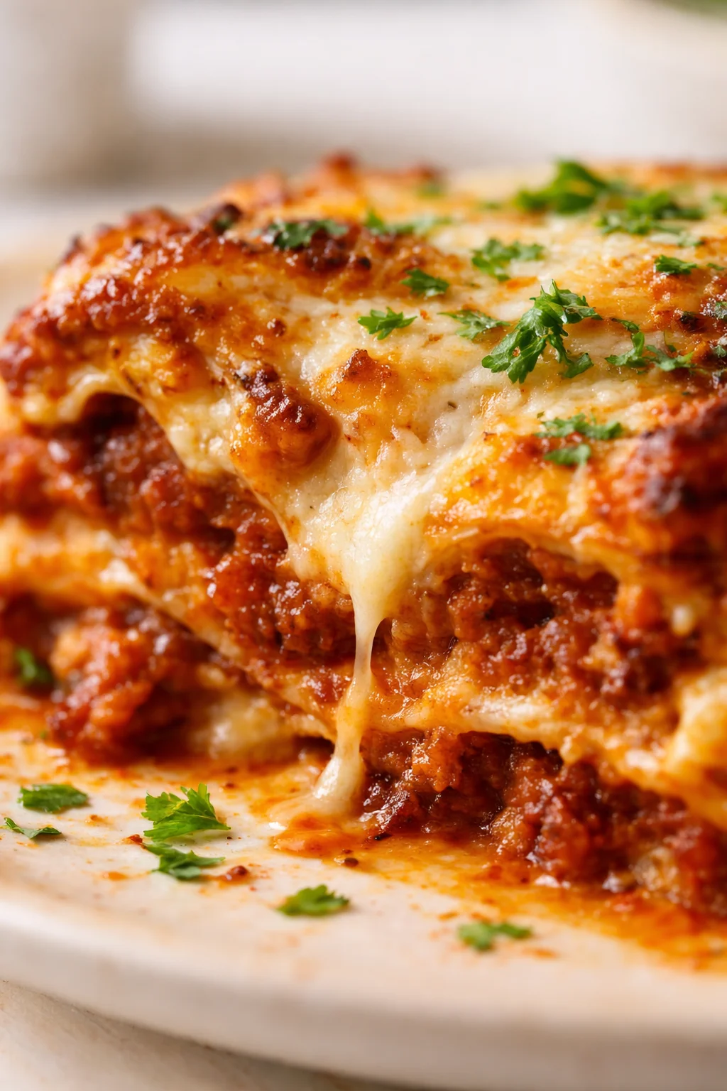 Close-up of a lasagna slice with gooey melted cheese, meat sauce, and parsley on a plate